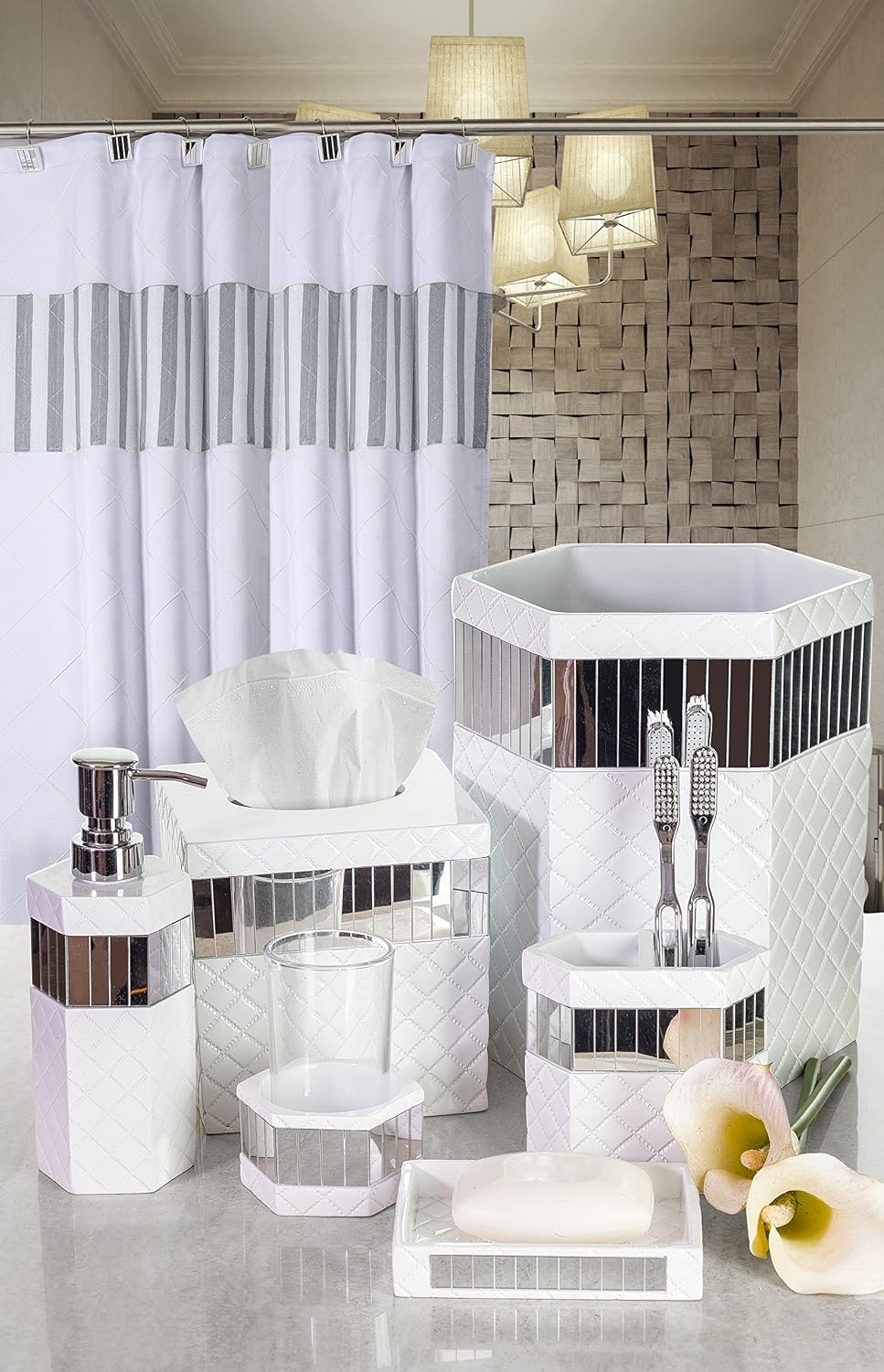 Creative Scents Quilted Mirror 6 Piece Bathroom Accessories Set
