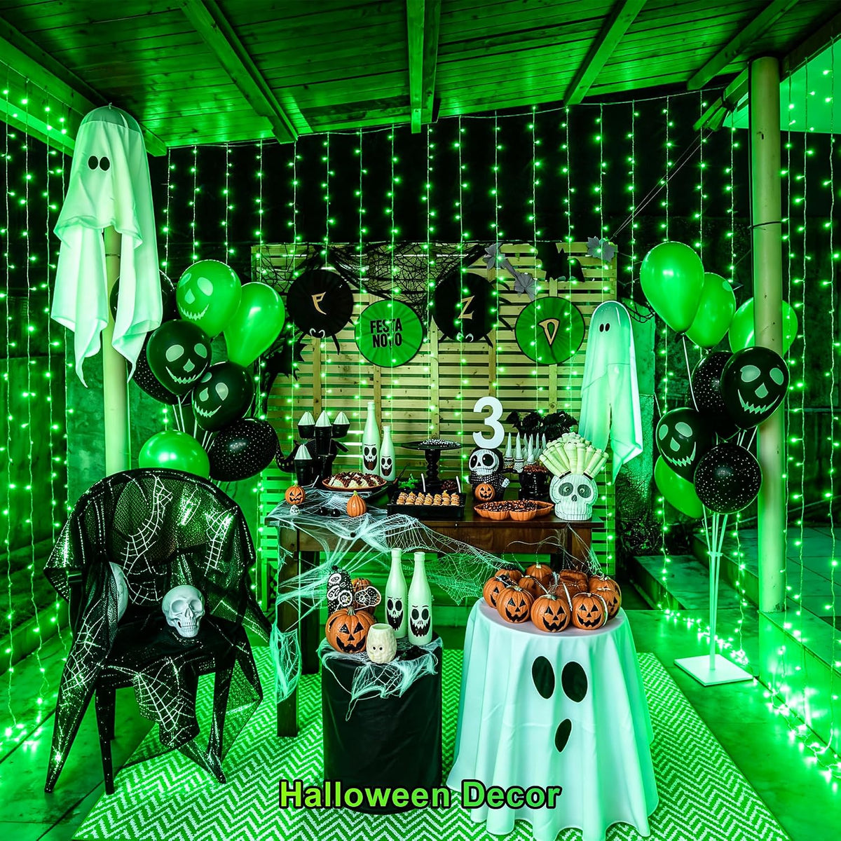JMEXSUSS 300 LED Green Curtain Lights for Halloween Decor, 9.8x9.8ft