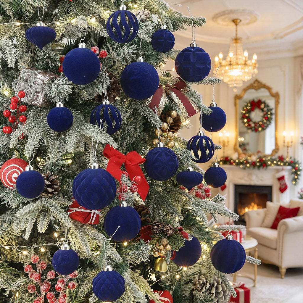36pcs Velvet Christmas Ball Ornaments Set, Flocked Shatterproof Christmas Ornaments, Xmas Tree Decorations Set Hanging Ornaments Decor for Xmas Holiday Party Home (Navy Blue)