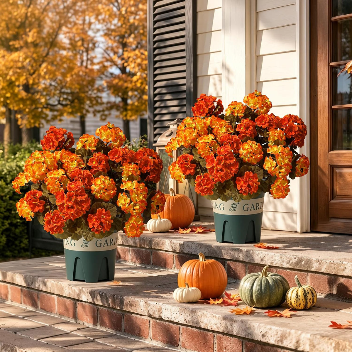 Geraniums Fall Flowers Artificial Flowers for Outdoors Autumn Decor, 2 Pack Potted Plants Faux Geraniums Bush Realistic UV Resistant Fake Flowers Greenery for Front Door Porch Patio Yard Indoor, Mix
