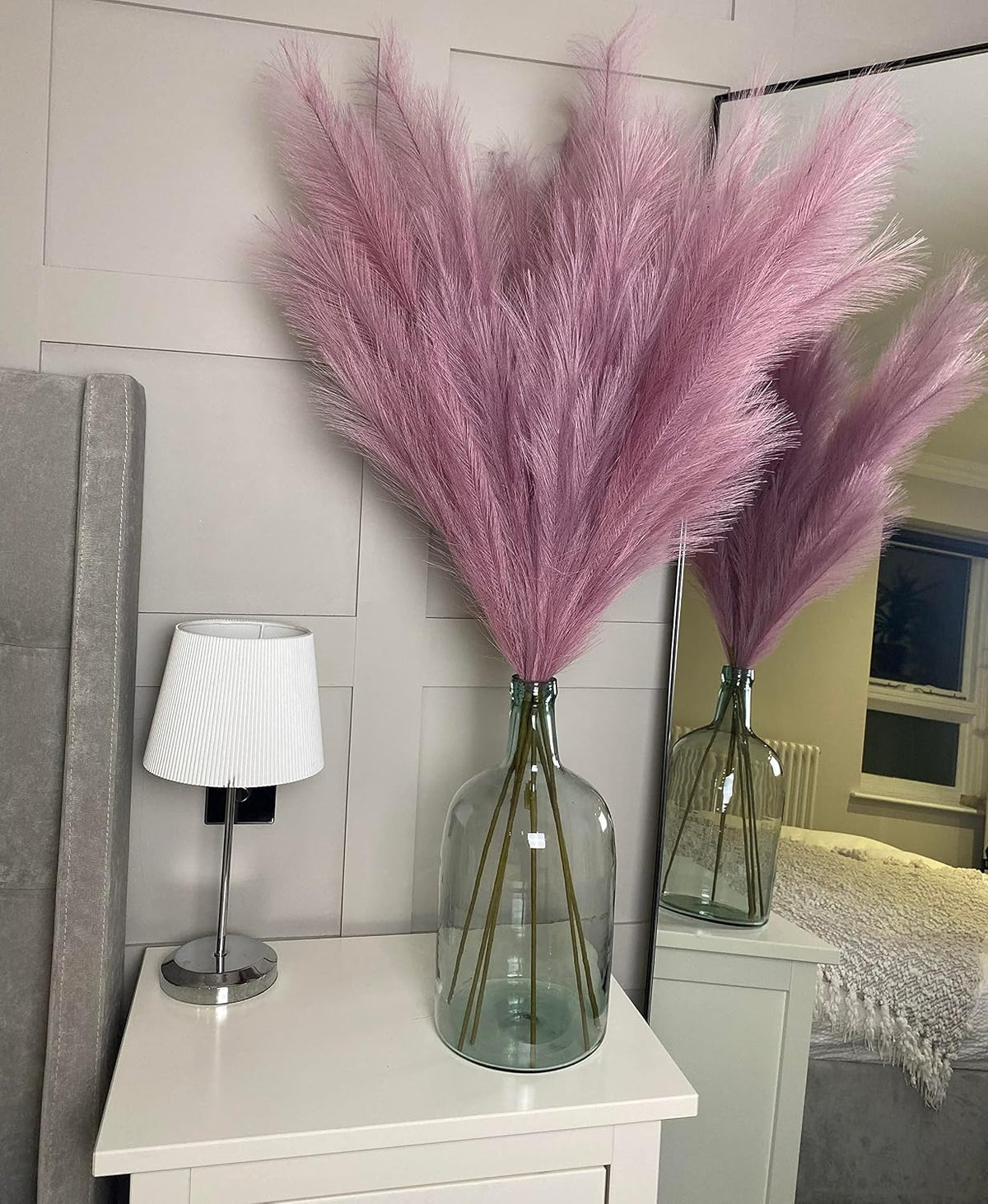 Lilac Purple Fake Artificial Faux Pampas Grass Large Bundle 3 Tall 115cm 45" Extra Fluffy Stems 18 Decorative Branches Artificial Floor Plant Vase Fillers Boho Chic White Home Living Room Decor