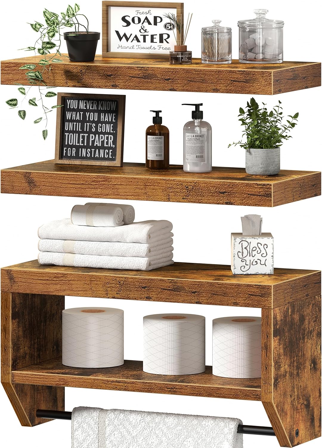 QEEIG Bathroom Wall Shelf Floating Shelves (Brown, Set of 3, 15.7")