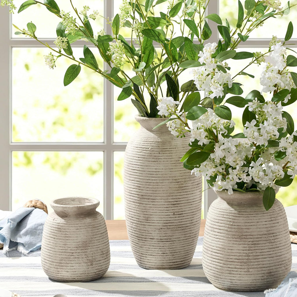 Ceramic Flower Vase, Small Vase Rustic Farmhouse Vases Home Decor Short Pottery Decorative Pampas Vase for Table Living Room Entryway Mantel Bookshelf Bedroom Bathroom Kitchen - 6" D