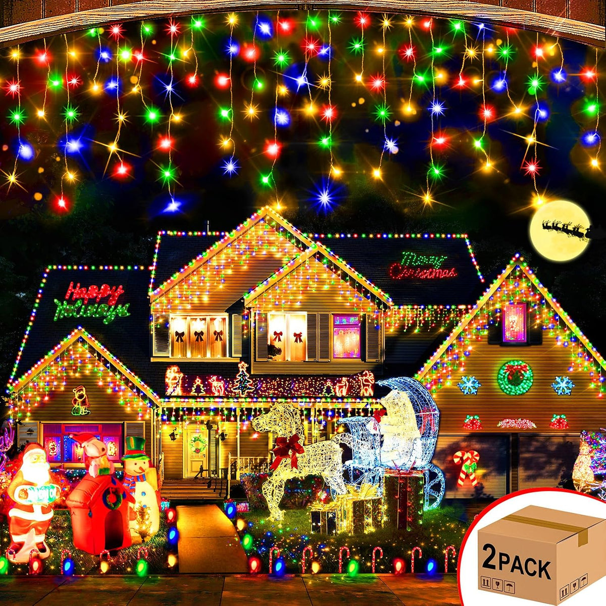 Hezbjiti 2Pack Total 800LED Ice Lights 33FT Christmas Lights String Lights Outdoor Decoration 8 Modes 150 Drops Fairy Lights for Eaves Party Yard Garden Xmas Decor（Multicolor）