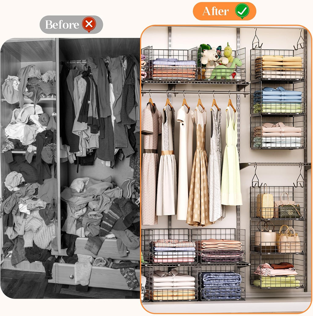 Sonyabecca 3-Tier Closet Organizers and Storage, Foldable Stackable Wire Basket Bins with 5 S Hooks, Space-Saving Hanging Closet Shelf for Clothing, Sweaters, Handbags, Hats,Purse
