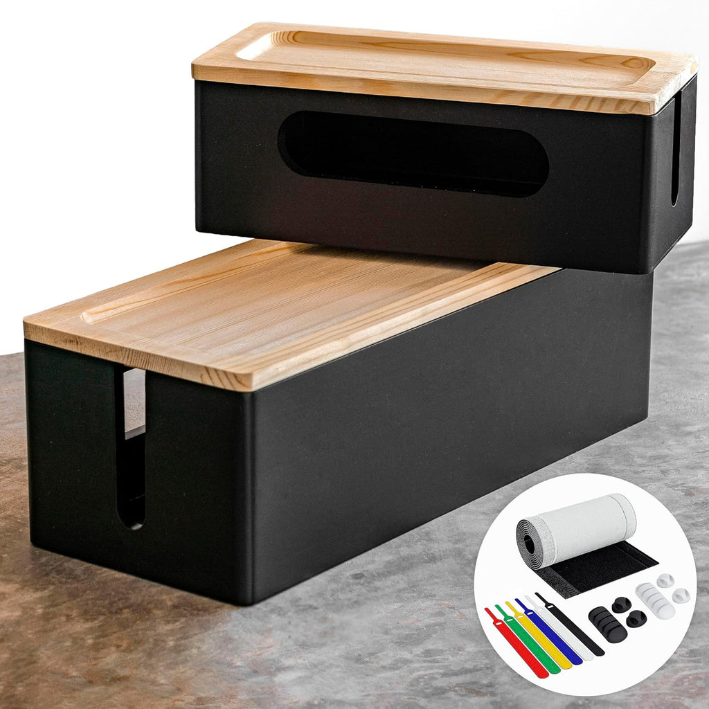 NATURE SUPPLIES Set of 2, Wood Cable Management Boxes, Large and Medium Cord Organizer to Hide Wires and Power Strips for TV, Desk, Computer, Router, Cable Storage and Organization, Black