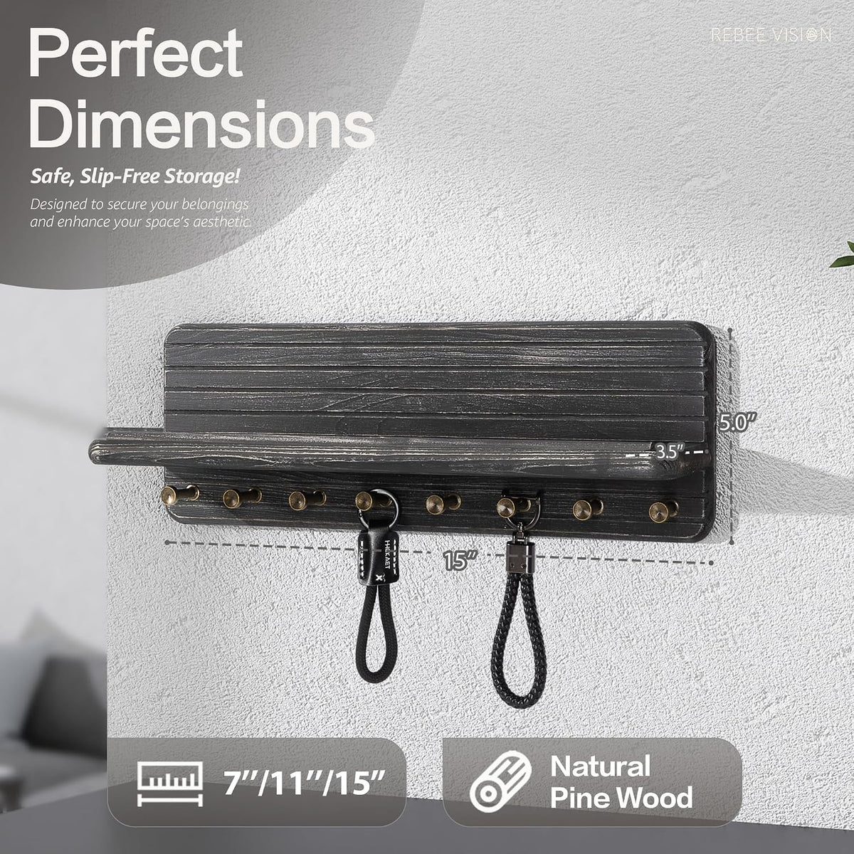 Rebee Vision Key Holder Wall Mount with 8 Key Hooks Home Decor, Old Black