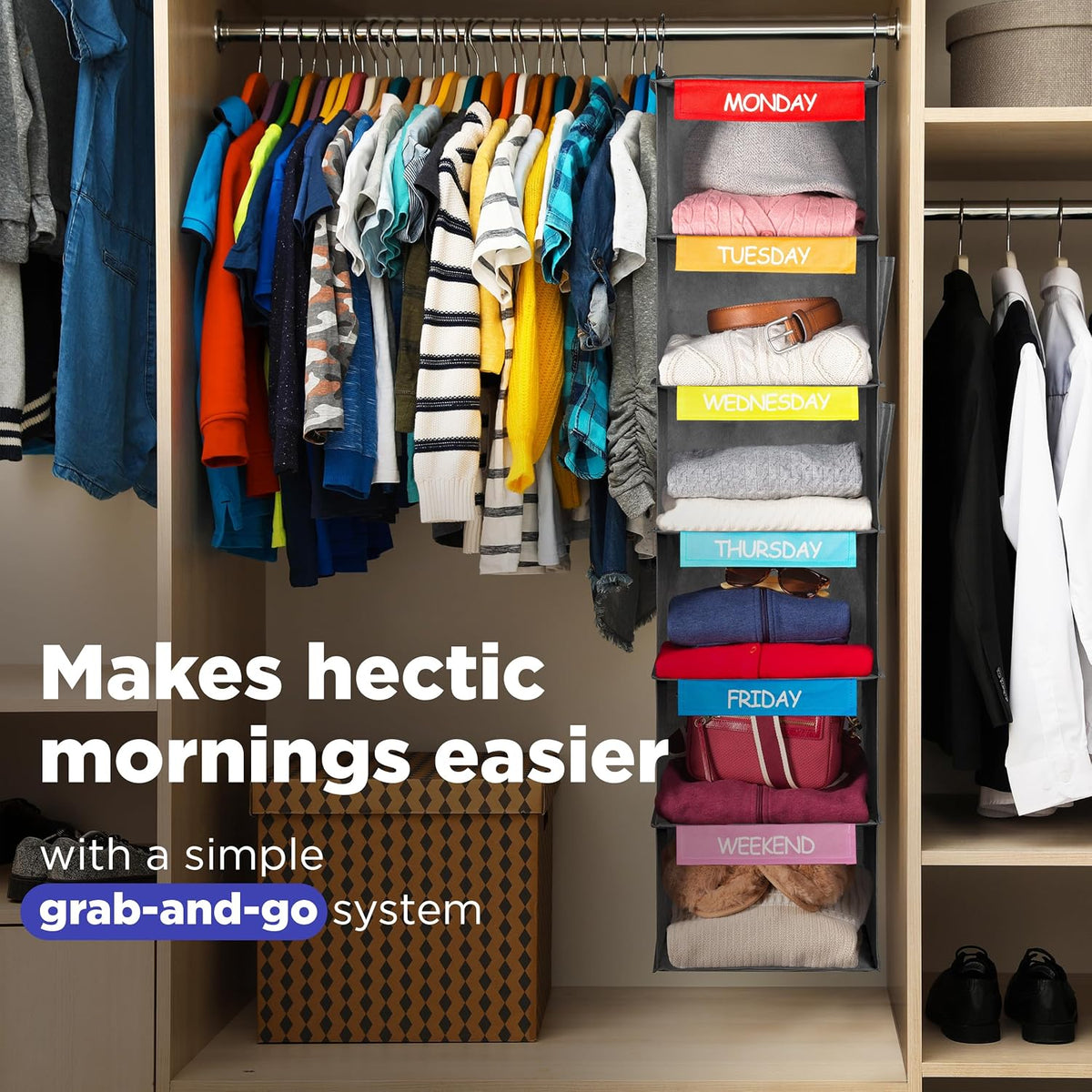 Handy Laundry Kids Hanging Closet Organizer 6-Shelf with Day-of-Week Labels