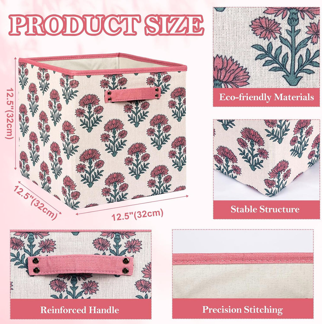 6 Pcs Fabric Floral Cube Storage Bins 11 Inch Flower Storage Basket with Handle, Linen Collapsible Fabric Box for Classroom Bedrooms Office Home Decoration (Pink indian flowers)