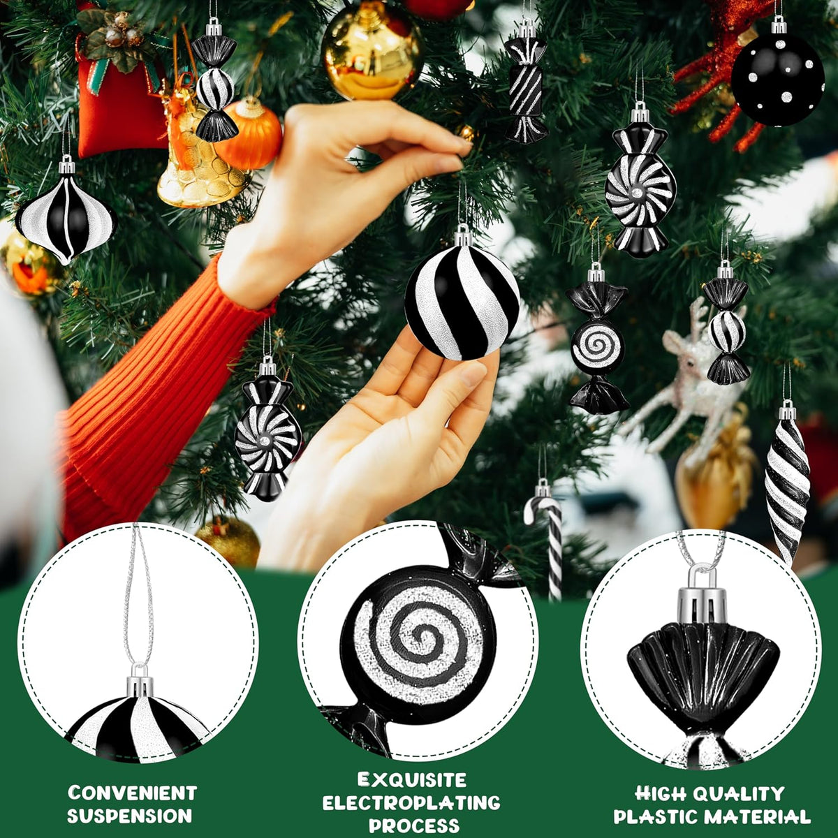 48pcs Candy Christmas Ornaments Set, Hanging Black Christmas Tree Decor