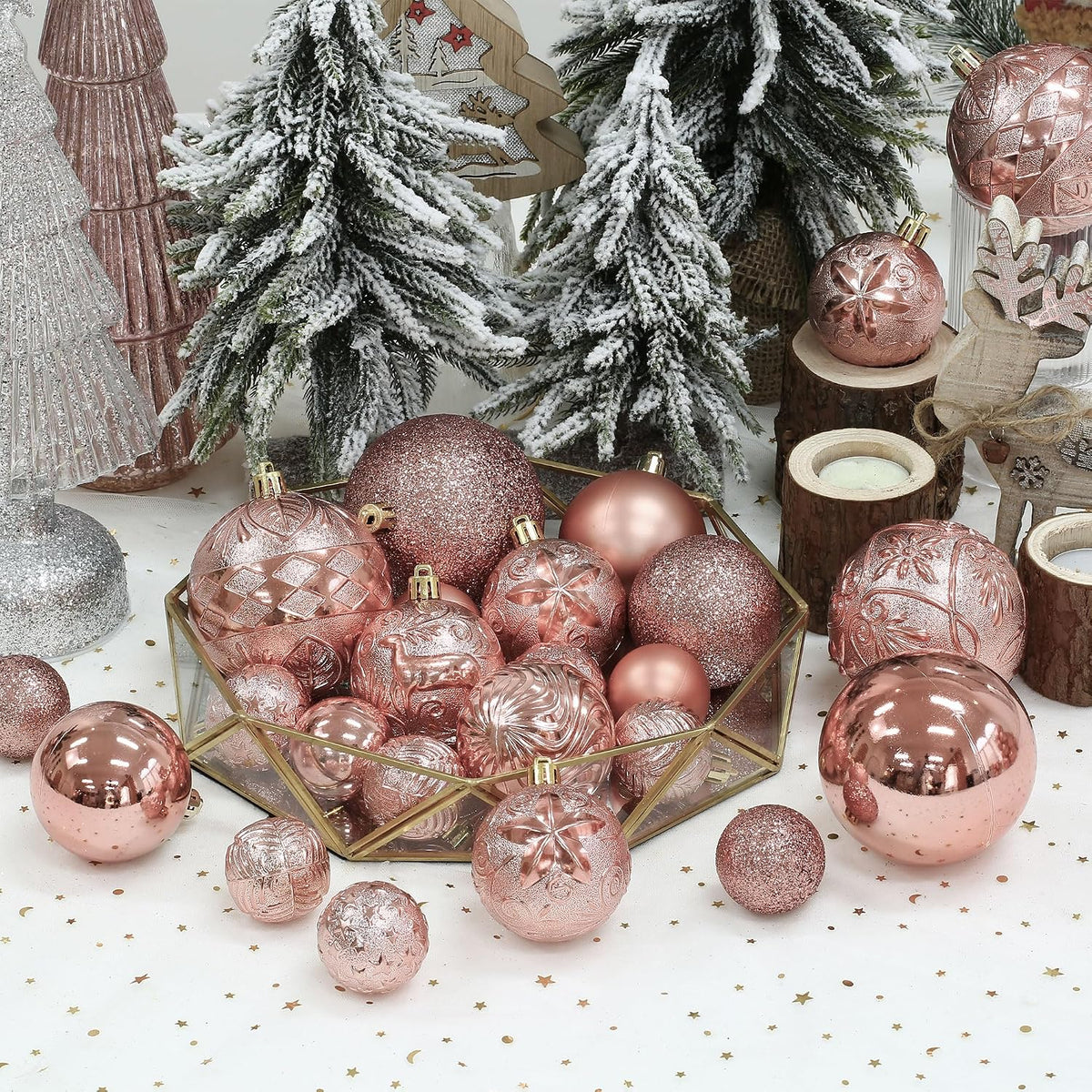 34ct Rose Gold Christmas Ball Ornaments Shatterproof Plastic Christmas Tree Decorations for Xmas Party Home Office Holiday Decor -Medium Size (2.36"/ 60mm)
