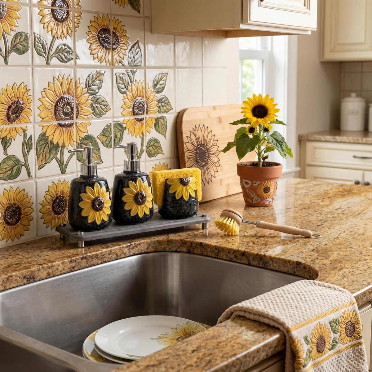 4 Pcs Sunflower Kitchen Decor Ceramic Soap Dispenser Set