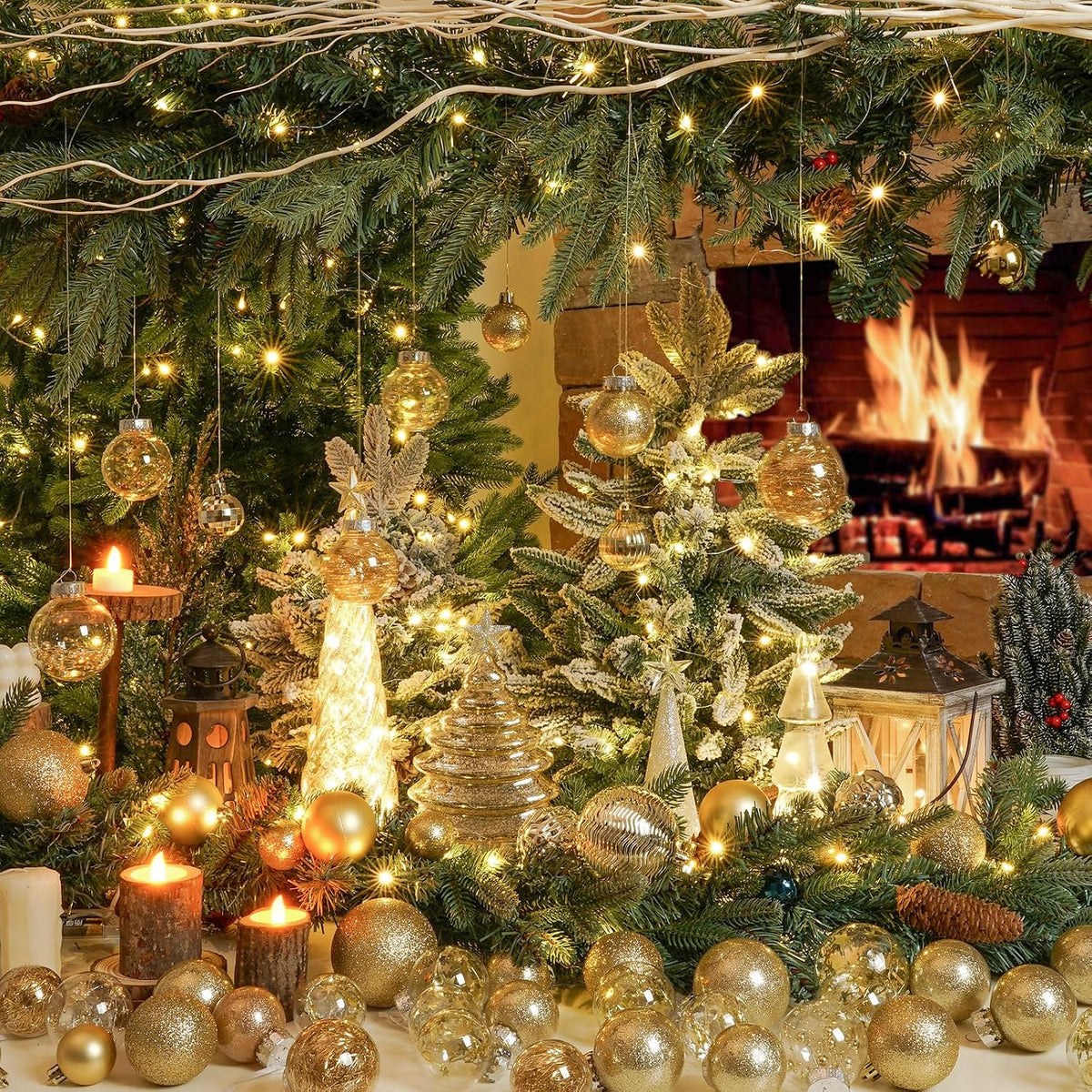 XmasExp 32ct Christmas Ball Ornaments Set -Gold Clear Plastic Shatterproof Xmas Tree Ball Decorations Hanging Baubles for Holiday Decor