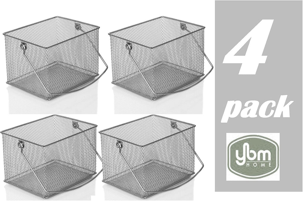 YBM Home Mesh Wire Food Storage Organizer Bin Basket with Handle for Kitchen Pantry, Cabinets, Bathroom, Laundry Room, Closets, Garage - Rectangle Metal Farmhouse Mesh Basket, 4 PACK