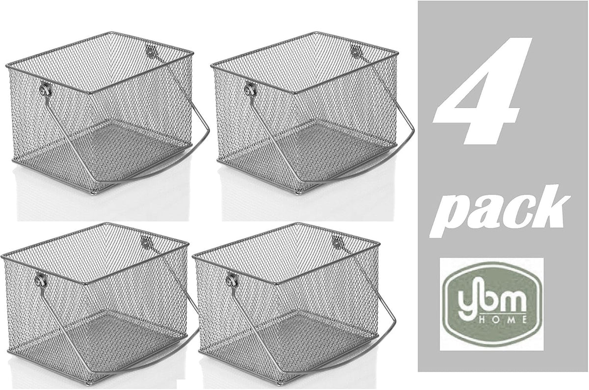 YBM Home Mesh Wire Food Storage Organizer Bin Basket with Handle for Kitchen Pantry, Cabinets, Bathroom, Laundry Room, Closets, Garage - Rectangle Metal Farmhouse Mesh Basket, 4 PACK