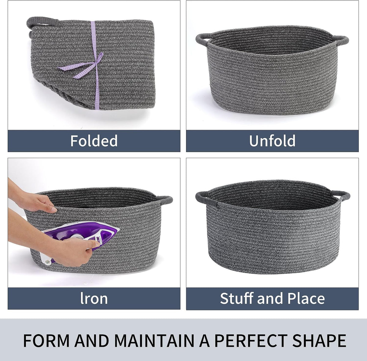 Large Rope Basket with Handles, Large Bohe Storage Basket,Laundry Basket, Home Decor Organizer for Towels,toys, Books & Magazines (Dark Gray, L (20 "L x 14" W x 12 "H))