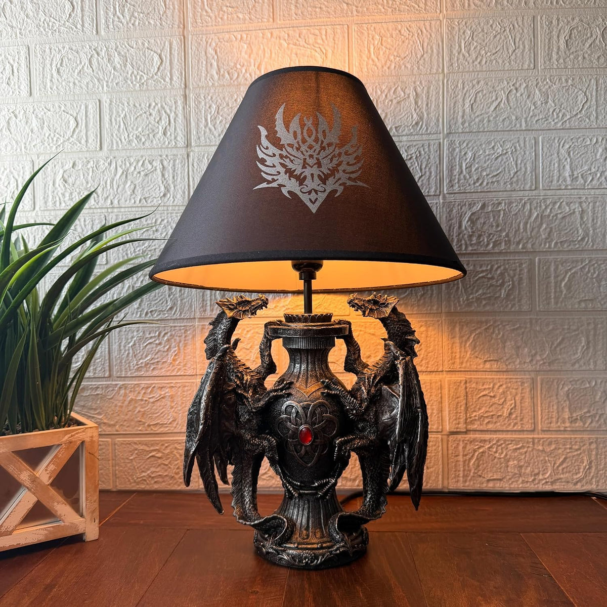 Dragon Table Lamp, 19 Inch Gothic Guardians with Black Fabric Shade