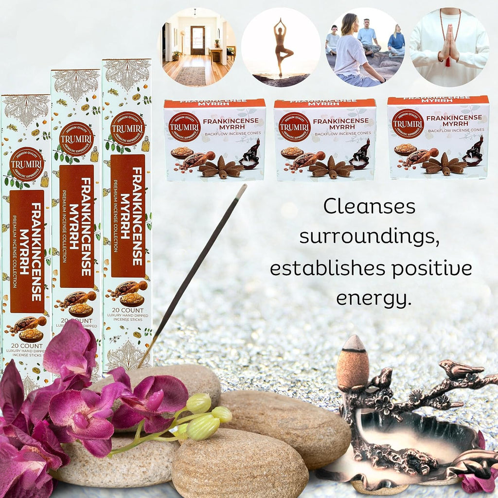 TRUMIRI Frankincense Myrrh Scented Incense Sticks & Backflow Incense Cones for Waterfall Combo Pack - 60 Insence-Sticks + 30 Backflow Cones - Insents - Incense Waterfall Cones - Inscense