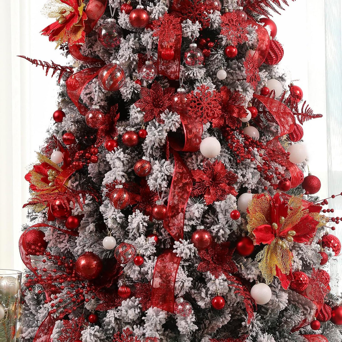 Clear Christmas Ball Ornaments,24ct Shatterproof Plastic Decorative Christmas Ornaments Hanging Xmas Tree Baubles Set with Stuffed Delicate Glittering Decorations for Holiday Party Home Decor (Red)