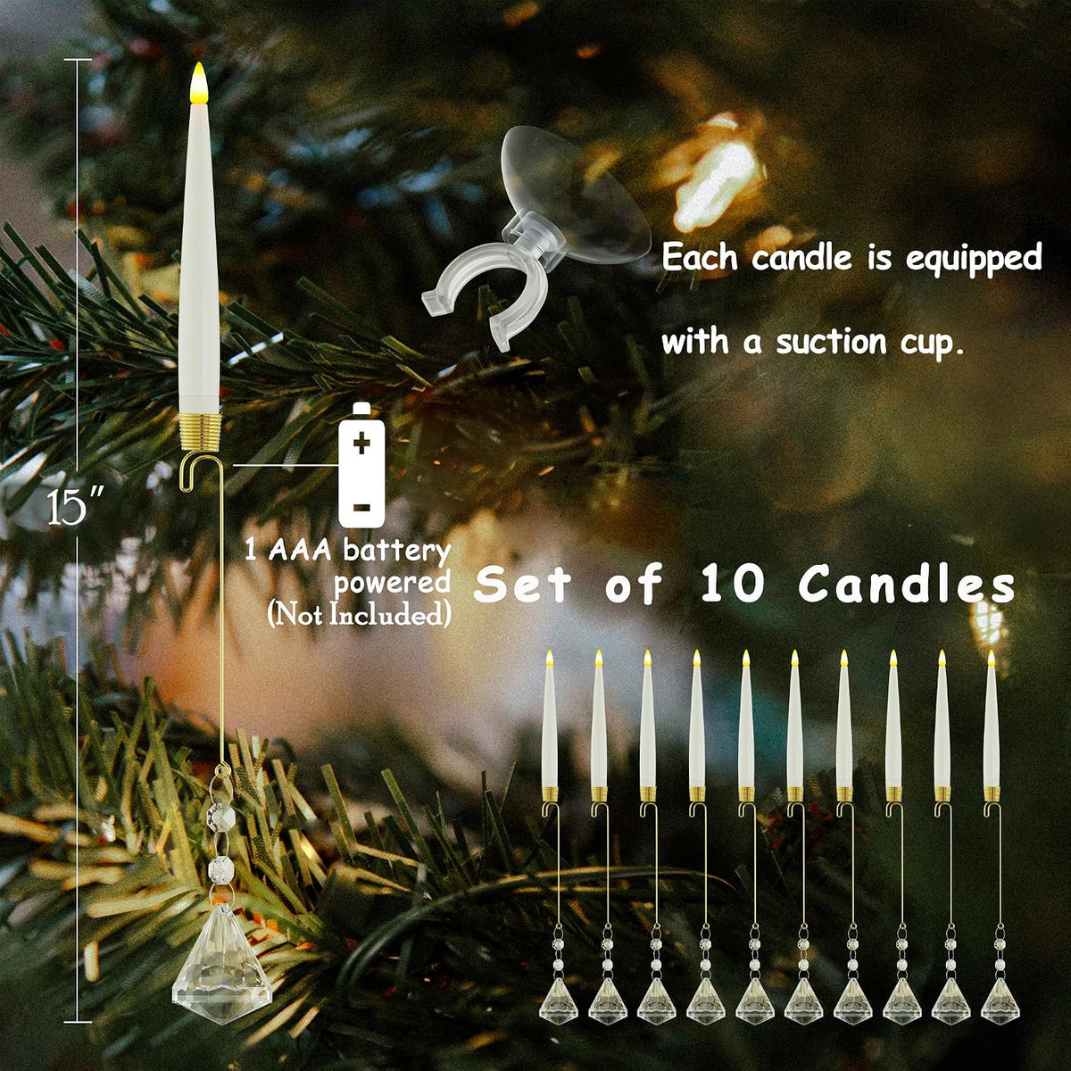JOIONE Christmas Tree Candles, 10 Pack Crystal Diamond Tree Hanging Decor