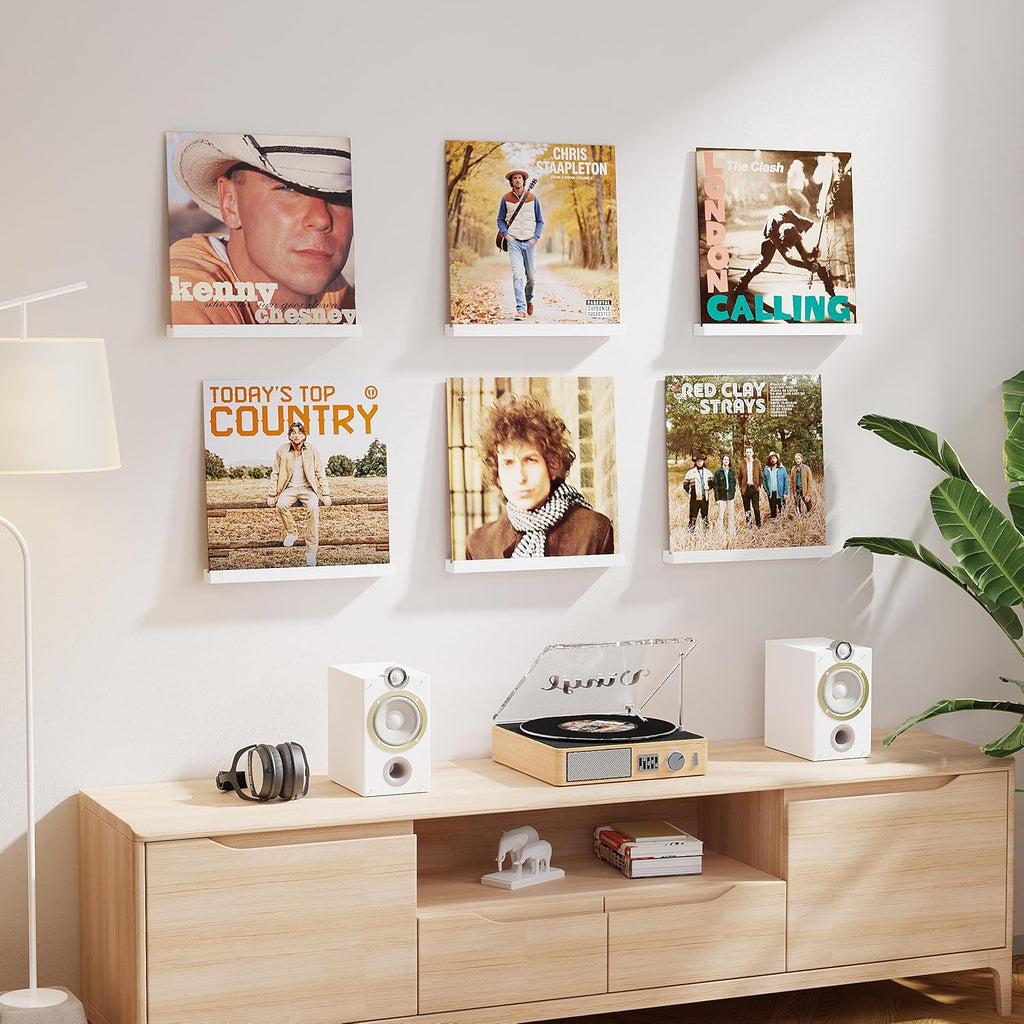 Emfogo Vinyl Record Shelf Wall Mount, 6 Pack Album Record Holder Wall, White12 inch Vinyl Record Storage Shelves Wall, Wood Record Display (Weathered White)
