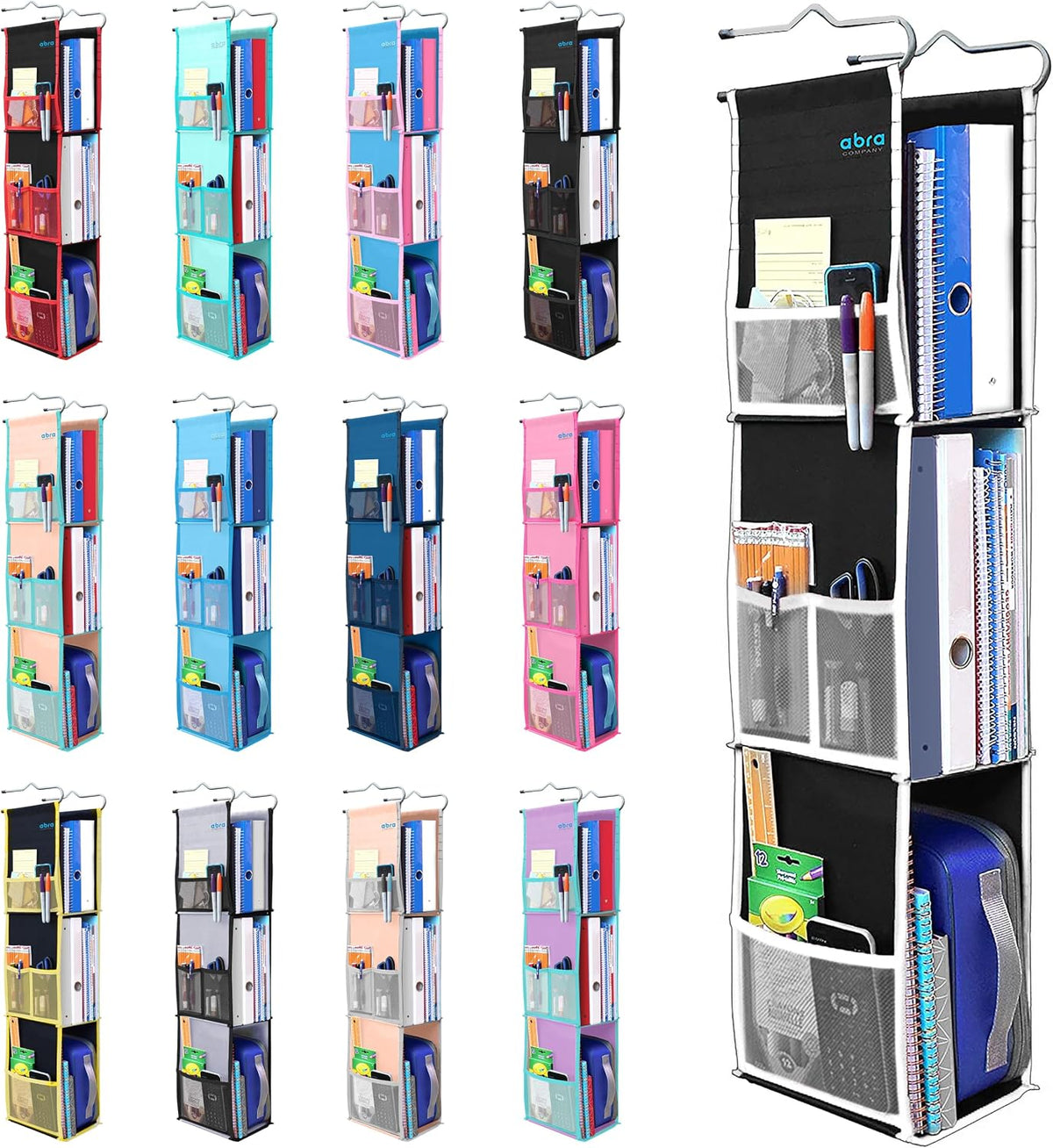 ABRA® 3 Shelf Hanging Locker Organizer for School, Work, Gym | Deep Shelves 6.5”x 9”| Eco-Friendly Fabric Healthy for Children | Adjustable School Locker Shelf from 3 to 2 Shelves (Black/White)