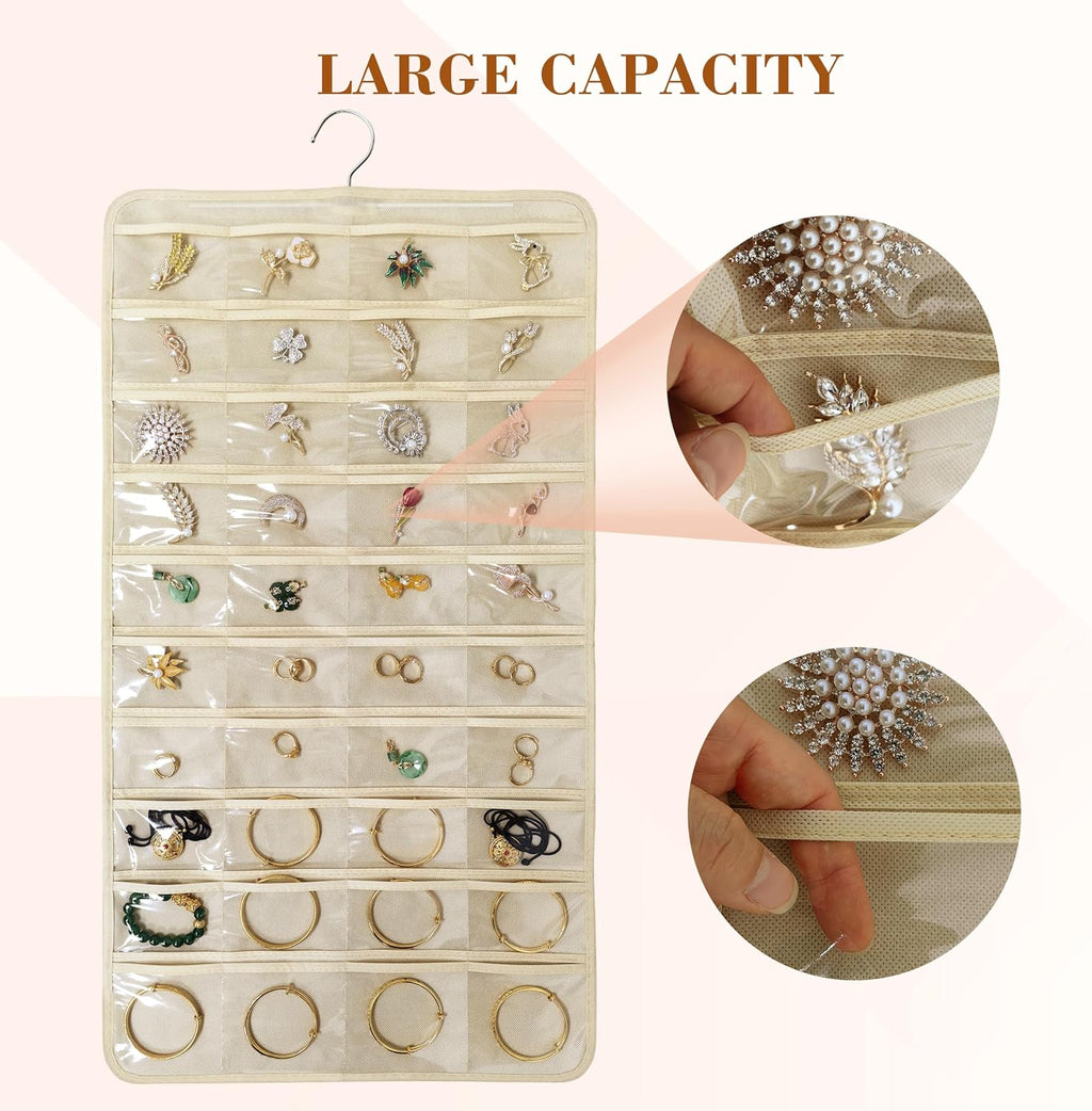 2 PACK(Total 160 Pockets) Hanging Jewelry Organizer with Hanger Metal Hooks Storage On Wall Door Closet Double-Sided(Each Side 40 Pockets) Jewelry Holder for Earrings, Necklaces, Rings (2 Pcs Beige)