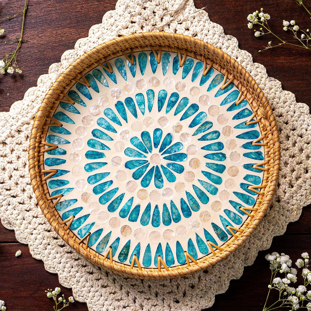 JUNGLE CULTURE Round Rattan Tray with Mother of Pearl Inlay • Ripple 14"