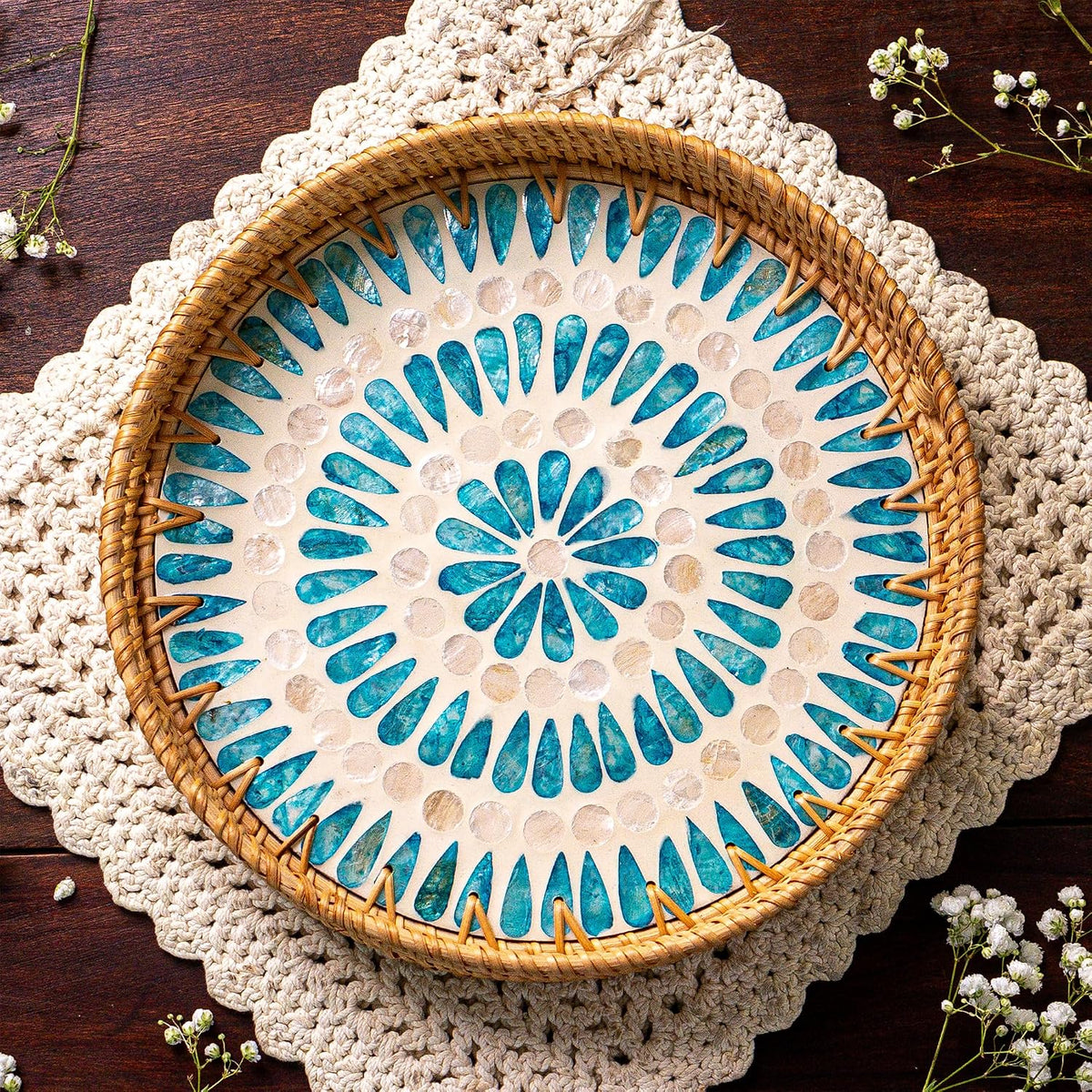 JUNGLE CULTURE Round Rattan Tray with Mother of Pearl Inlay • Ripple 14"