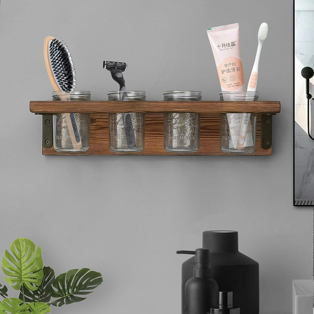 Mason Jar Shelf, Rustic Farmhouse Toothbrush Holder Wall-Mounted, Hanging Mason Jars Organizer for Planters and Candle, Solid Wood Shelf for Office, Kitchen, Barthroom