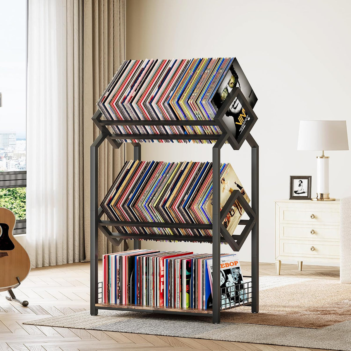 Homeiju 3-Tier Vinyl Record Storage Holder with Dividers