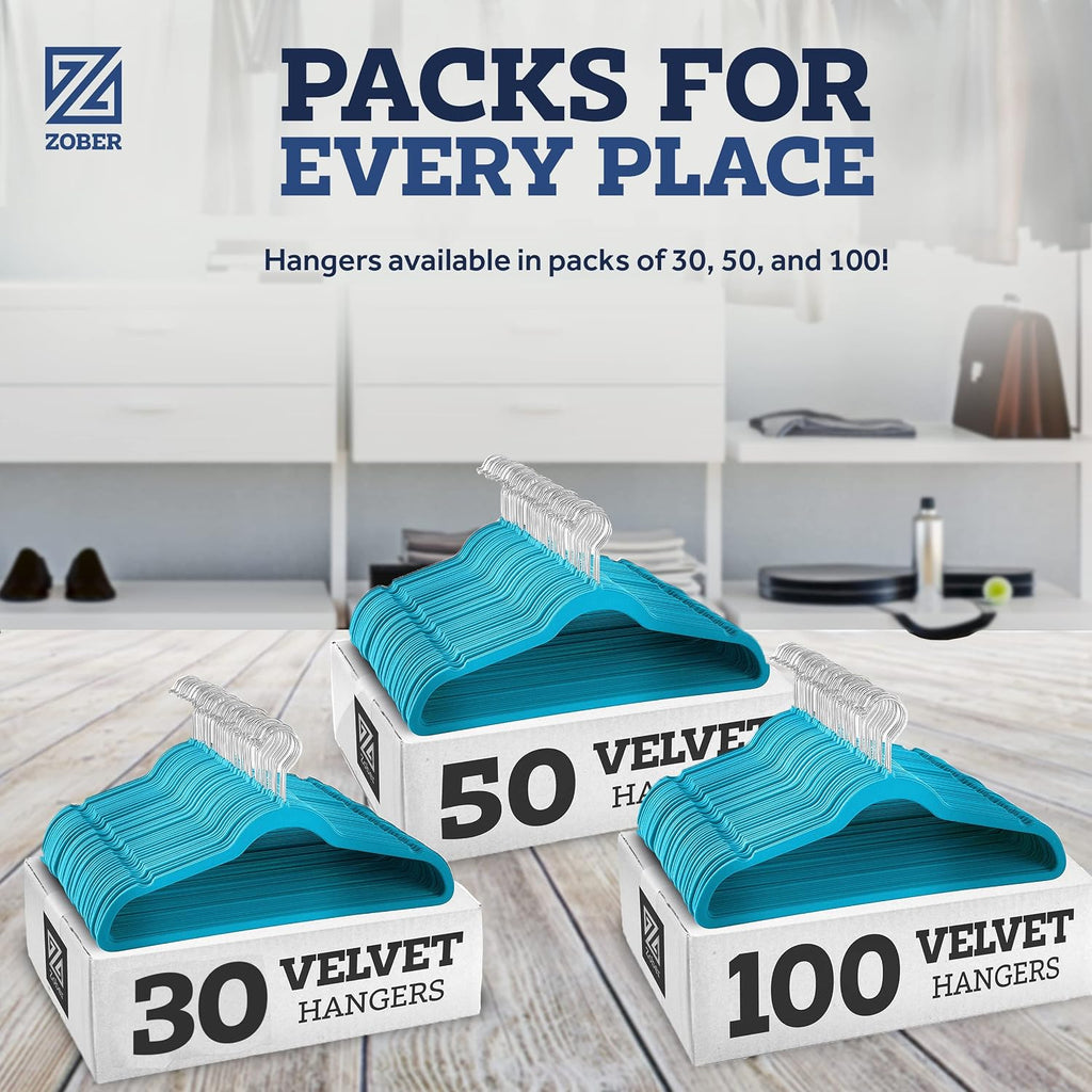 Zober Turquoise Velvet Hangers 50 Pack, Slim Non Slip Clothes Hangers