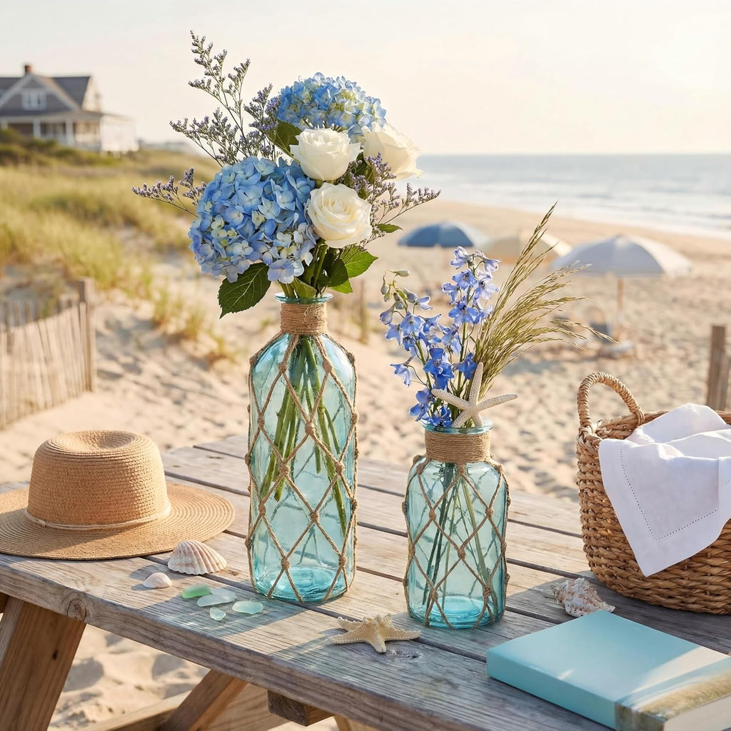 Chuangdi Set of 2 Coastal Glass Flower Vase with Boho Rope, Light Blue