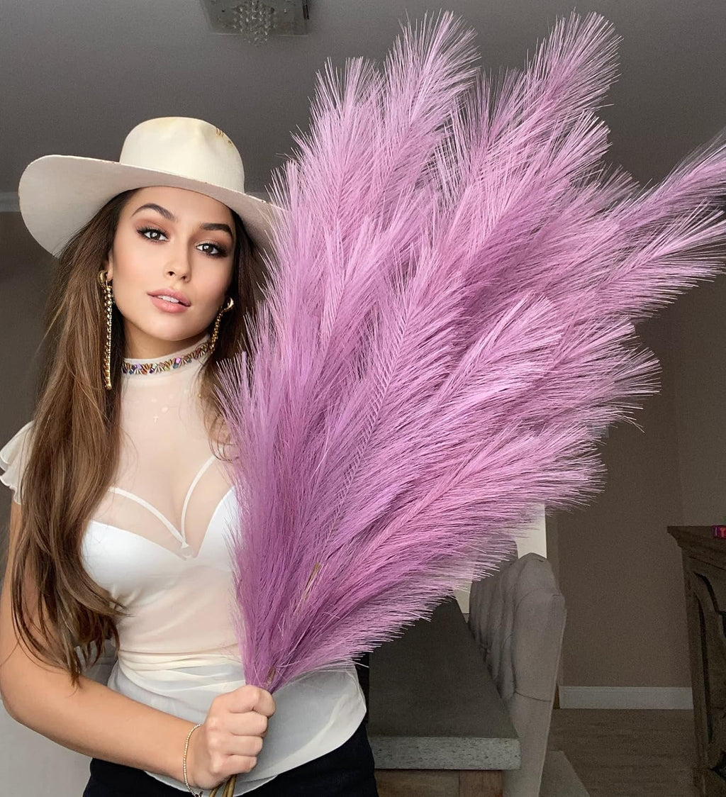Lilac Purple Fake Artificial Faux Pampas Grass Large Bundle 3 Tall 115cm 45" Extra Fluffy Stems 18 Decorative Branches Artificial Floor Plant Vase Fillers Boho Chic White Home Living Room Decor