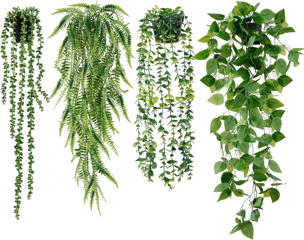 Sggvecsy Fake Hanging Plants 4 Pack Artificial Hanging Plants Fake Potted Greenery Faux Eucalyptus Vine String of Pearls Boston Fern Ivy Vine Leaves for Home Indoor Outdoor Shelf Wall Garden Decor