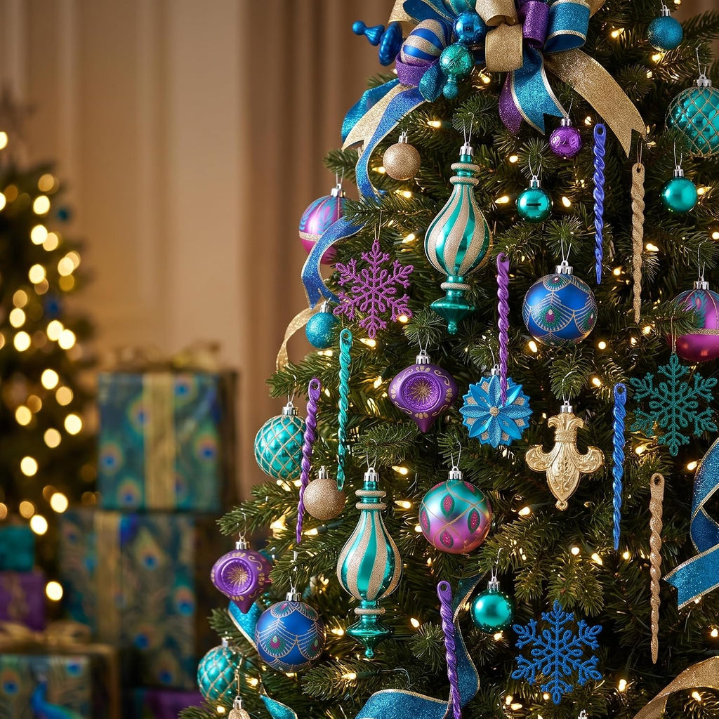 Valery Madelyn Christmas Ball Ornaments, 60ct Peacock Blue Purple Green Shatterproof Christmas Tree Decorations Set, Decorative Hanging Ornaments Bulk for Xmas Holiday Party Decor