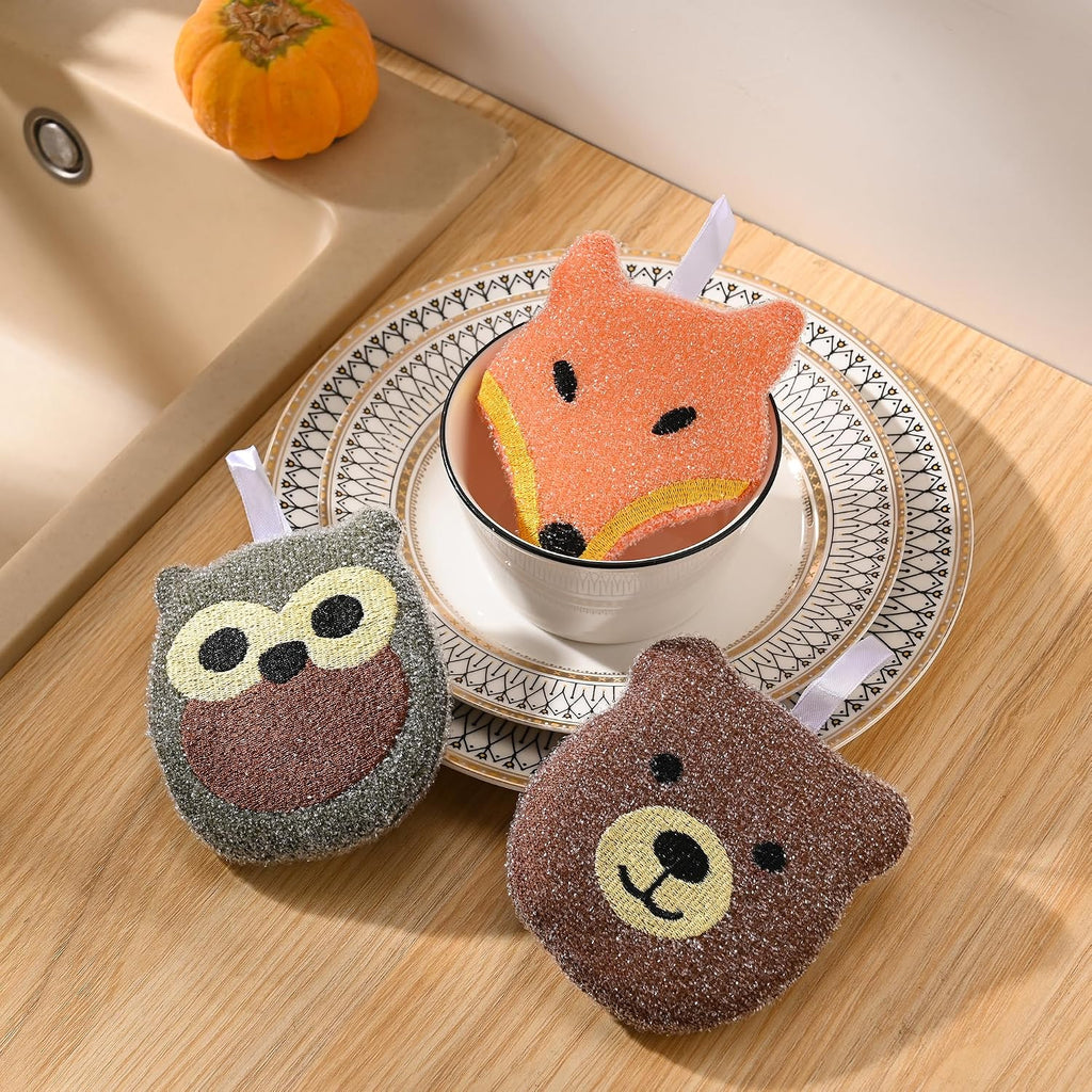 Fox Run Woodland Animal Sponge Set, Non-Abrasive Fox, Owl & Bear Scrubbers