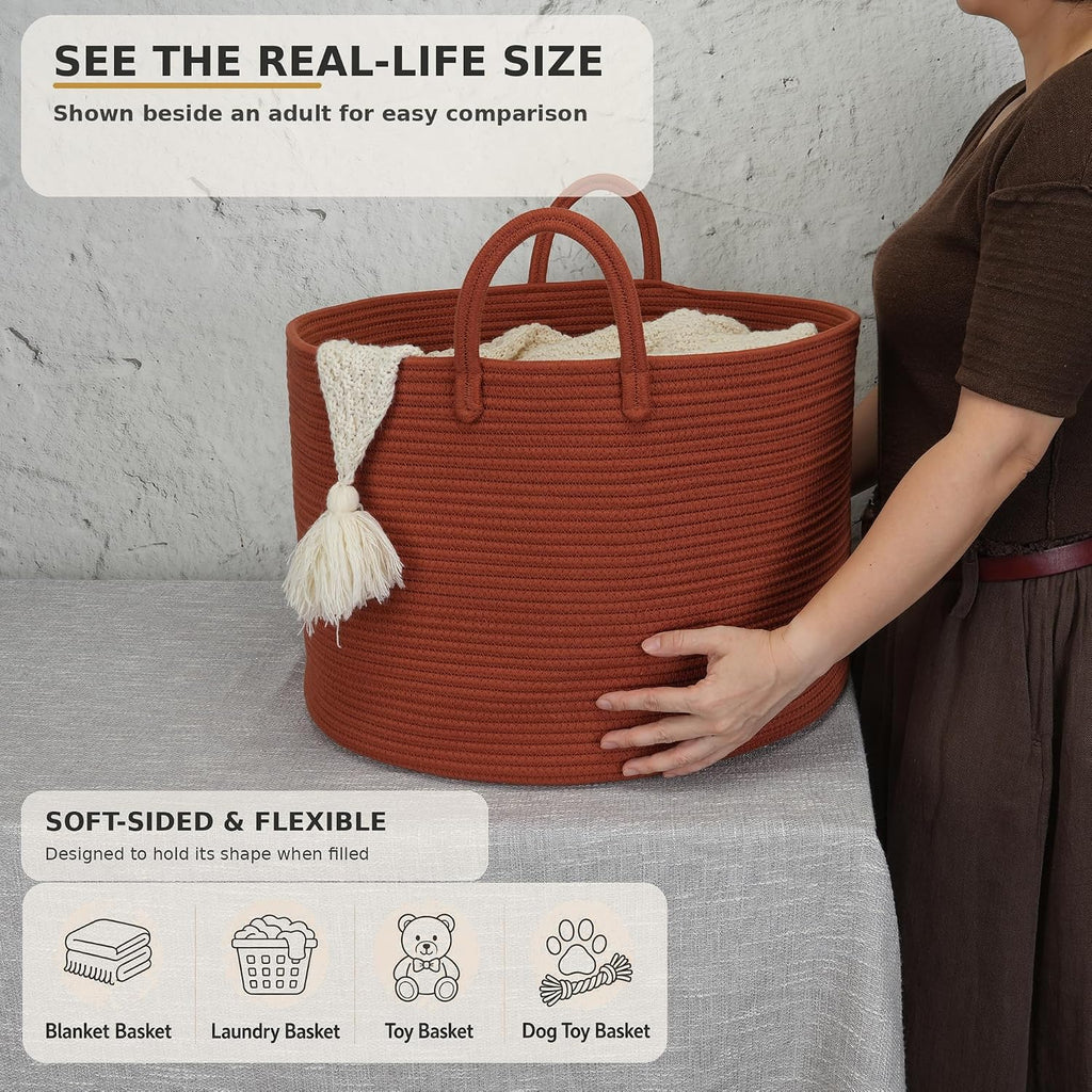 XUANGUO 66L Large Blanket Basket, Round Cotton Rope Basket, Rustic