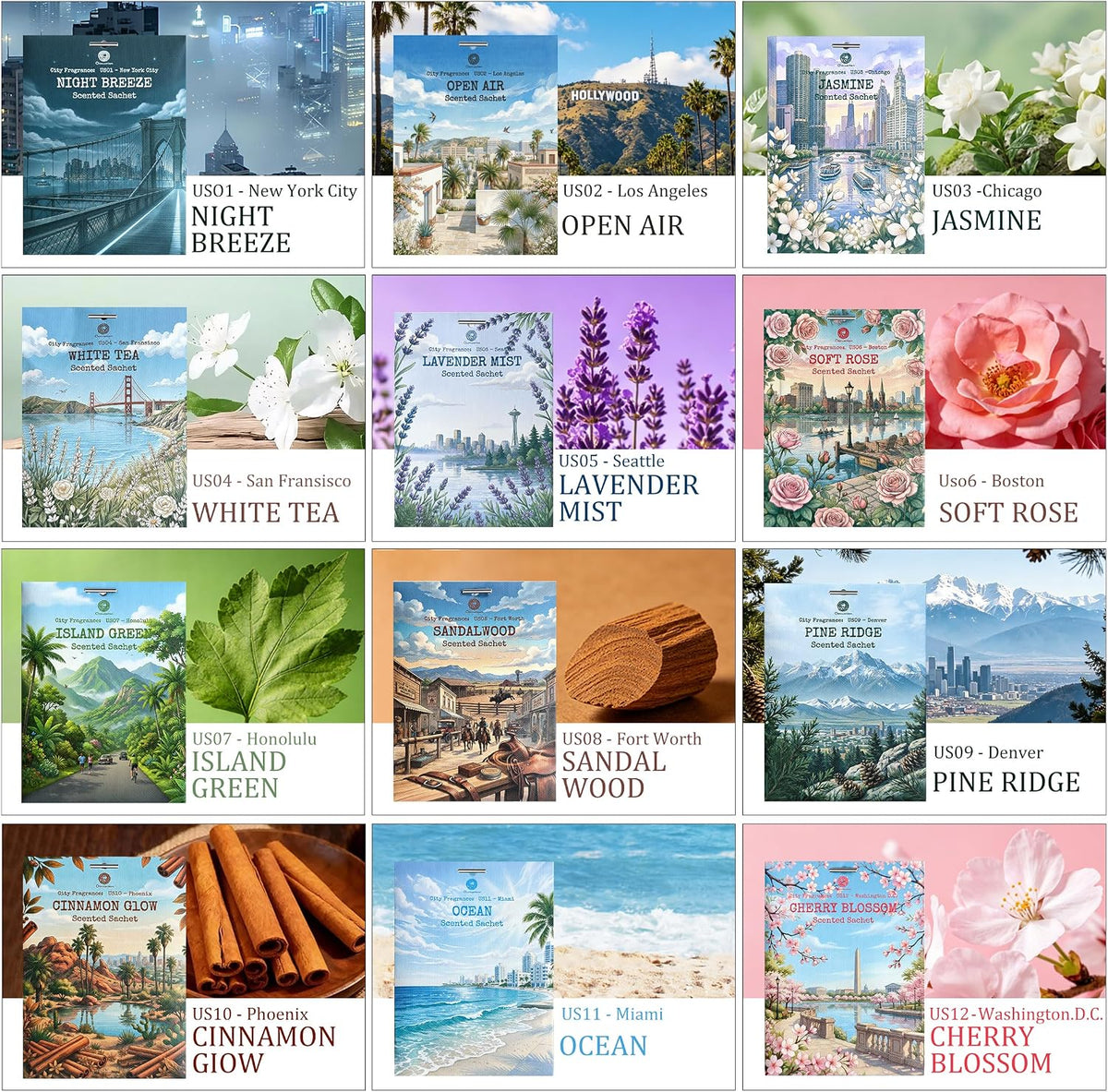 US11-Miami Ocean Scented Sachets for Drawers and Closets,12 Pack