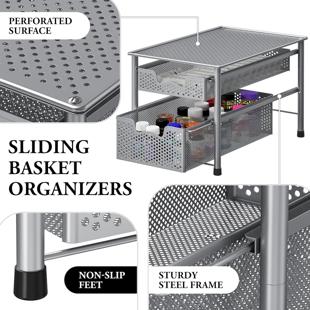 Simple Houseware Stackable 2 Tier Sliding Basket Organizer Drawer, Silver