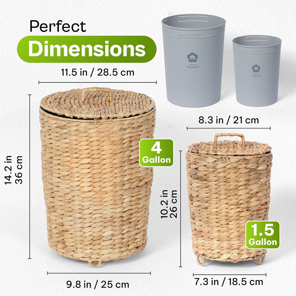 Wicker Trash Can with Lid Set of 2, 4 Gallon & 1.5 Gallon Small Bathroom Trash Can with Liner & Raised Feet, Handwoven Water Hyacinth Waste Basket for Bedroom, Kitchen, Office