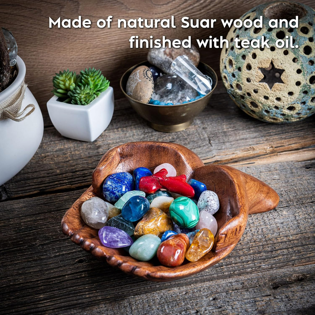 Wooden Hands Bowl, Crystal Display, Rock Display, Brown, Medium