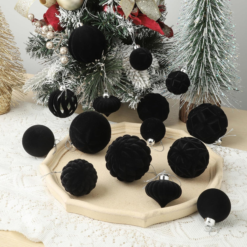 36pcs Velvet Christmas Ball Ornaments, Flocked Shatterproof Christmas Ornaments, Xmas Tree Decorations Set Hanging Ornaments for Xmas Holiday Party Home Decor(Black)