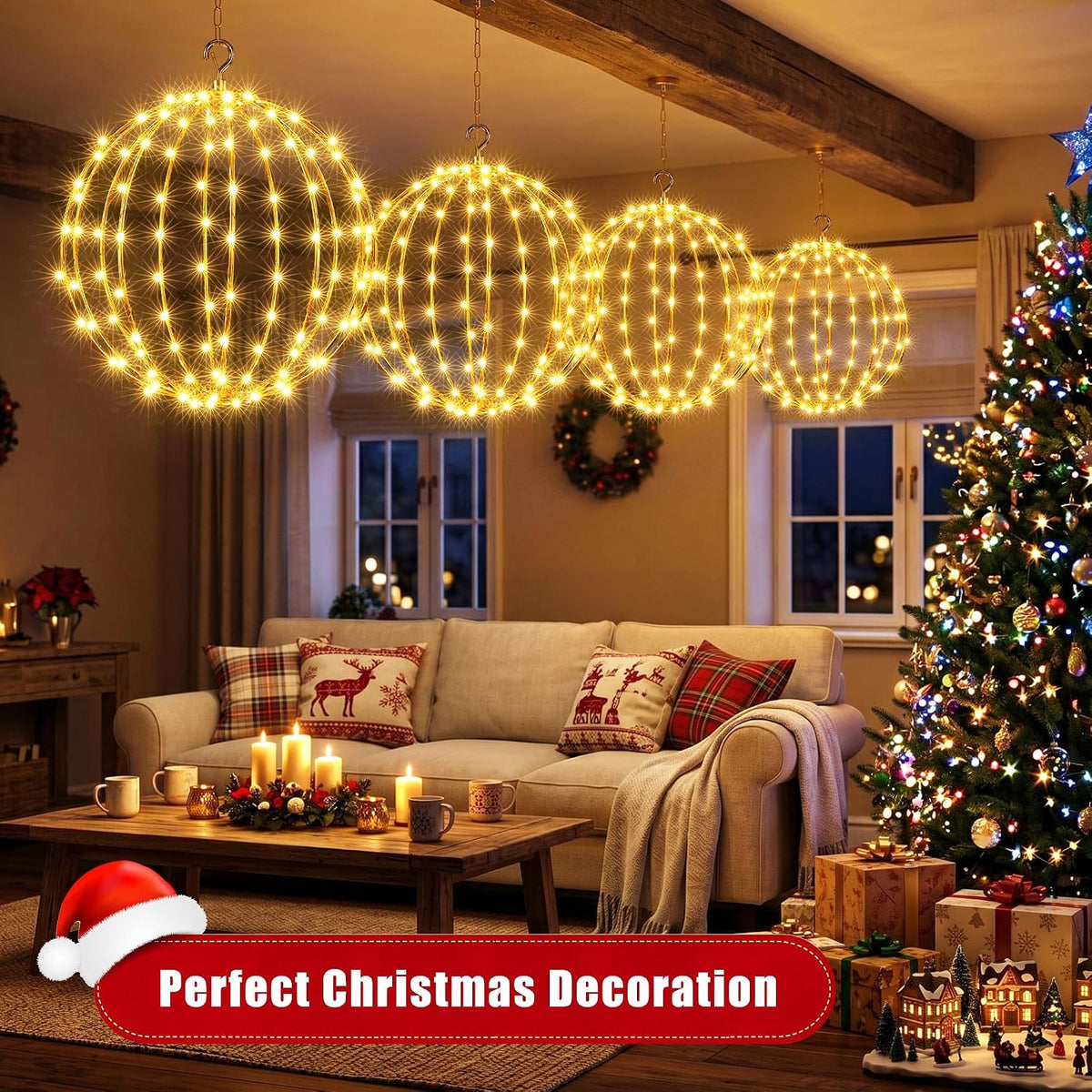 iBaycon 2 Pack Christmas Sphere Lights 11.8 in Battery Operated, Warm White