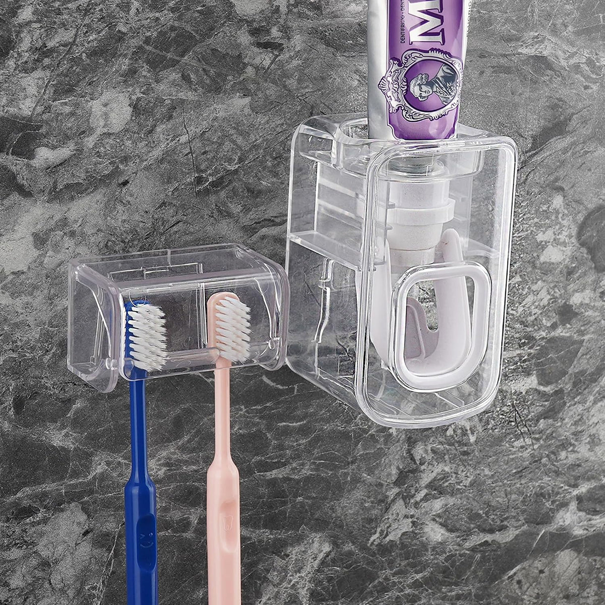 Toothbrush Holder Wall Mounted with Cover for Bathroom, 2 Slots Toothbrush Storage Organizer for Shower, Self Adhesive Toothbrush Hanger with Automatic Toothpaste Squeezer Dispenser (Clear)