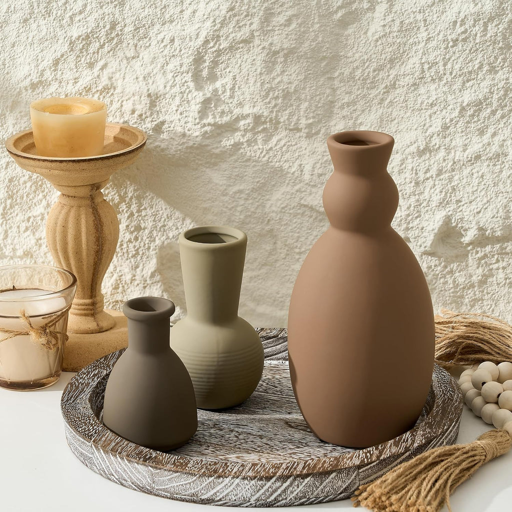 Ceramic Vase Set of 3, Nordic Minimalist Multicolor Vases Home Decor, Rustic Farmhouse Decor Pottery Vases for Bouquet Pampas Grass Dried Fresh Flowers, Living Room, Entryway Mantel, Bedroom, Kitchen