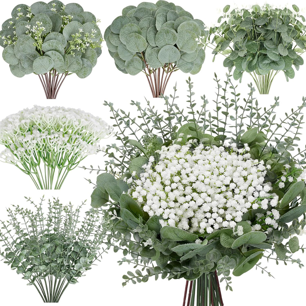 Palonu 200 Pcs 5 Kinds Mixed Artificial Eucalyptus Leaves Stems Bulk Babys Breath Eucalyptus Bundle Faux Plants Greenery for DIY Bouquets Floral Arrangement Wedding Engagement Party Decor
