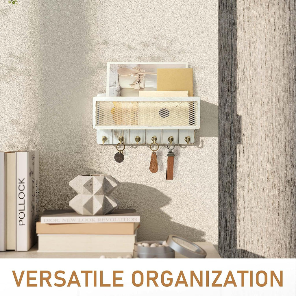 Rebee Vision Key Holder Wall Mount with Mail Basket for Entryway, Whitewash