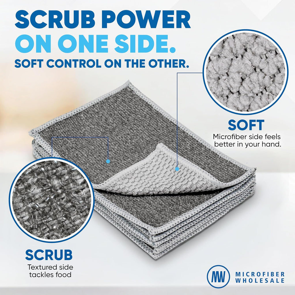 Microfiber Wholesale Scrubber Cloths (12 Pack, Grey) – Scrub Without Scratching, Safe for Non-Stick, Stainless & Glass – Two-Sided 4"x6" Dish Scrubbing Cloths, Bulk Value, No Sponge Smell