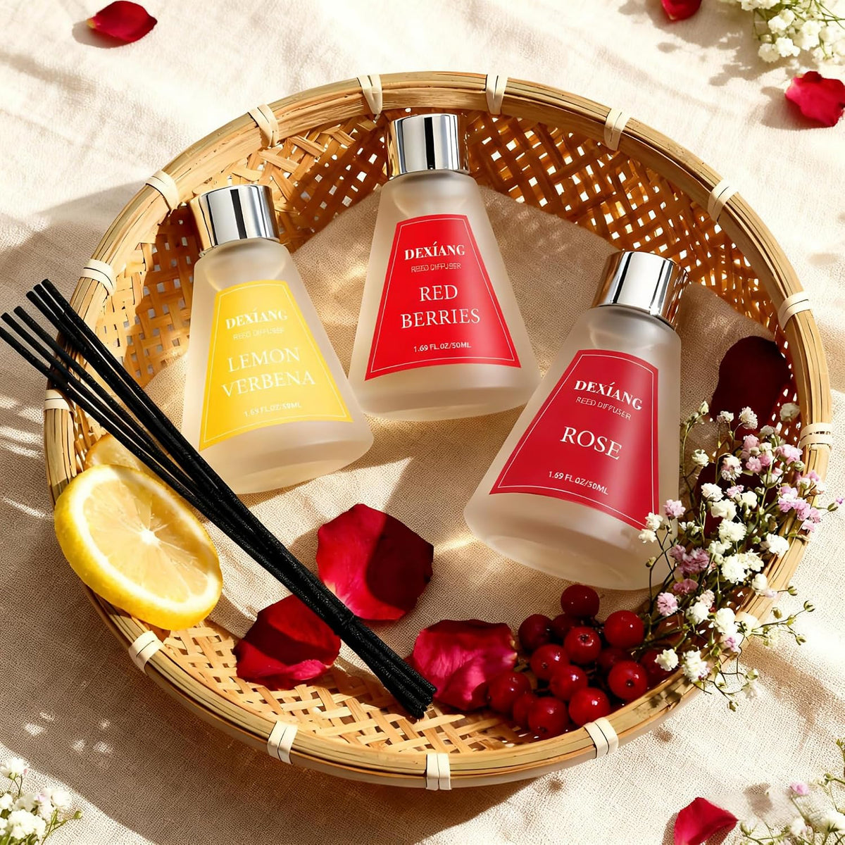 Reed Diffuser Set of 3 Packs, Lemon Verbena/Rose/red Berry Oil Diffuser Reed Diffuser for for Home, Bathroom, Office Decor 1.7 Fl.oz, Total 5.1Oz